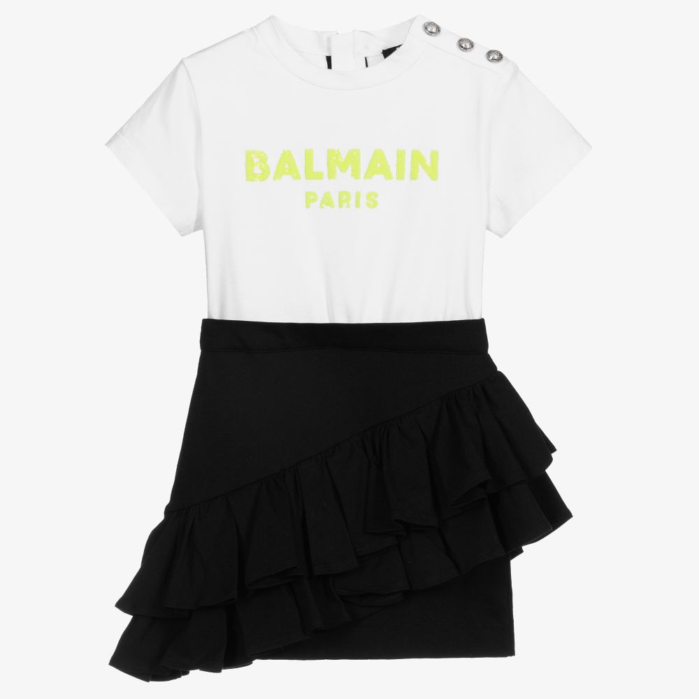 Balmain - White & Black Cotton Dress | Childrensalon