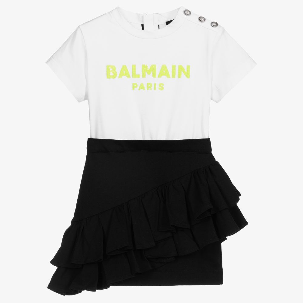 Balmain-White & Black Cotton Dress | Childrensalon Outlet