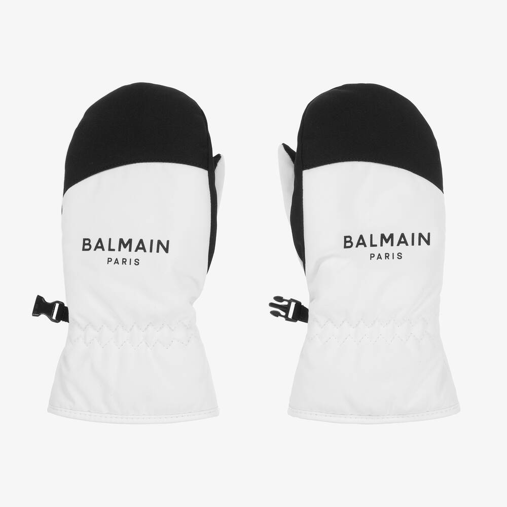 Balmain - White & Black Fleece-Lined Mittens | Childrensalon
