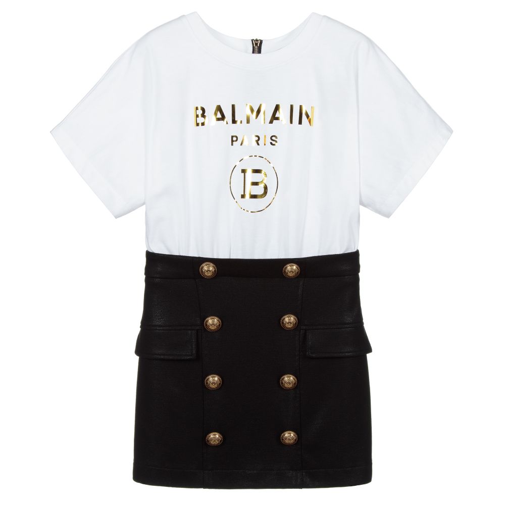 Balmain - فستان قطن وجيرسي ميلانو لون أبيض، أسود وذهبي | Childrensalon