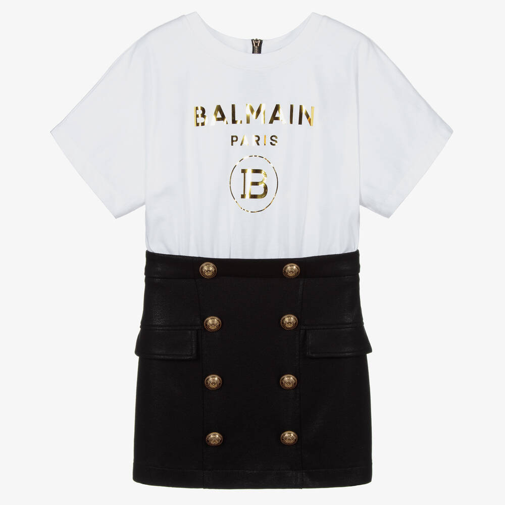 Balmain-White & Black Logo Dress | Childrensalon Outlet