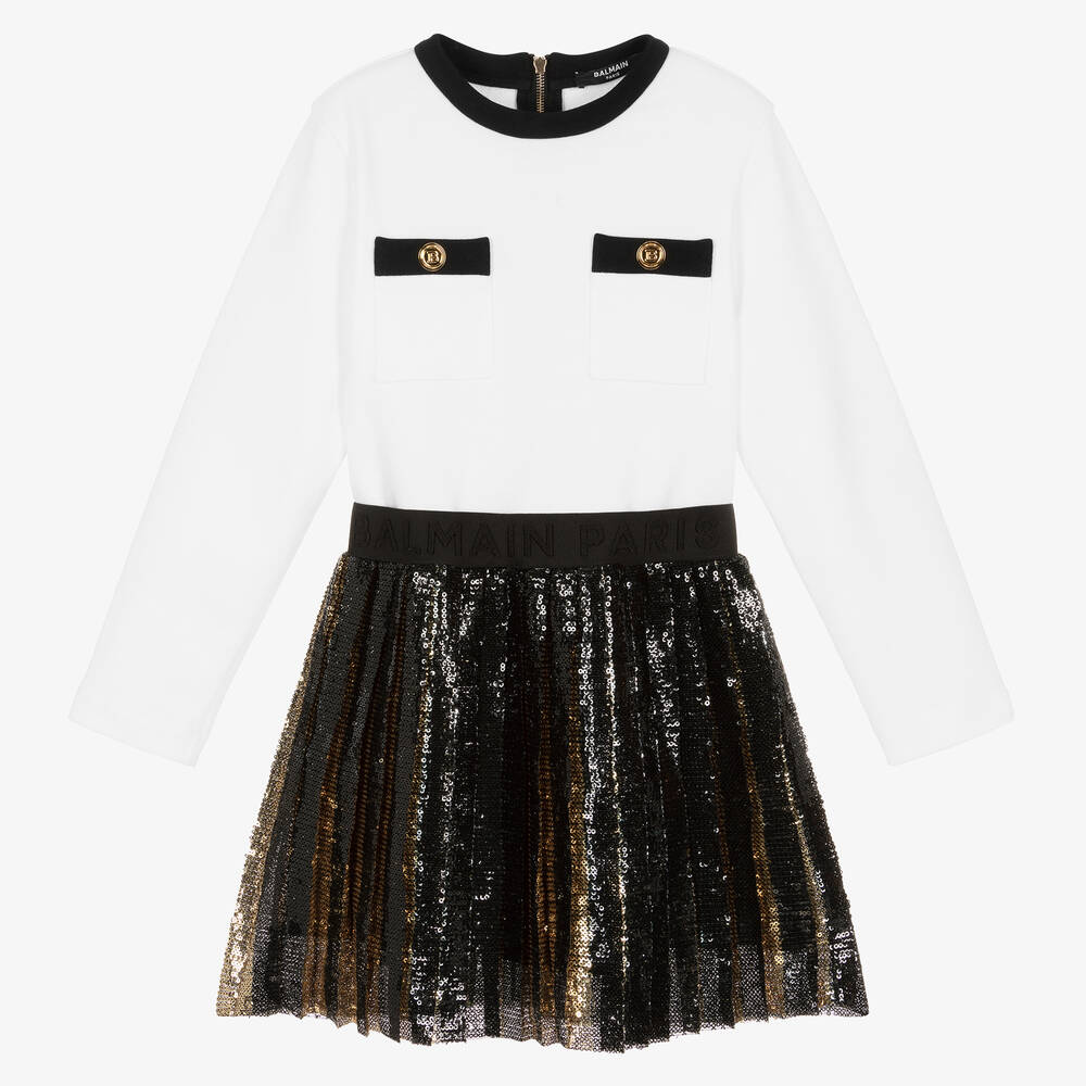 Balmain - White & Black Sequin Logo Dress | Childrensalon