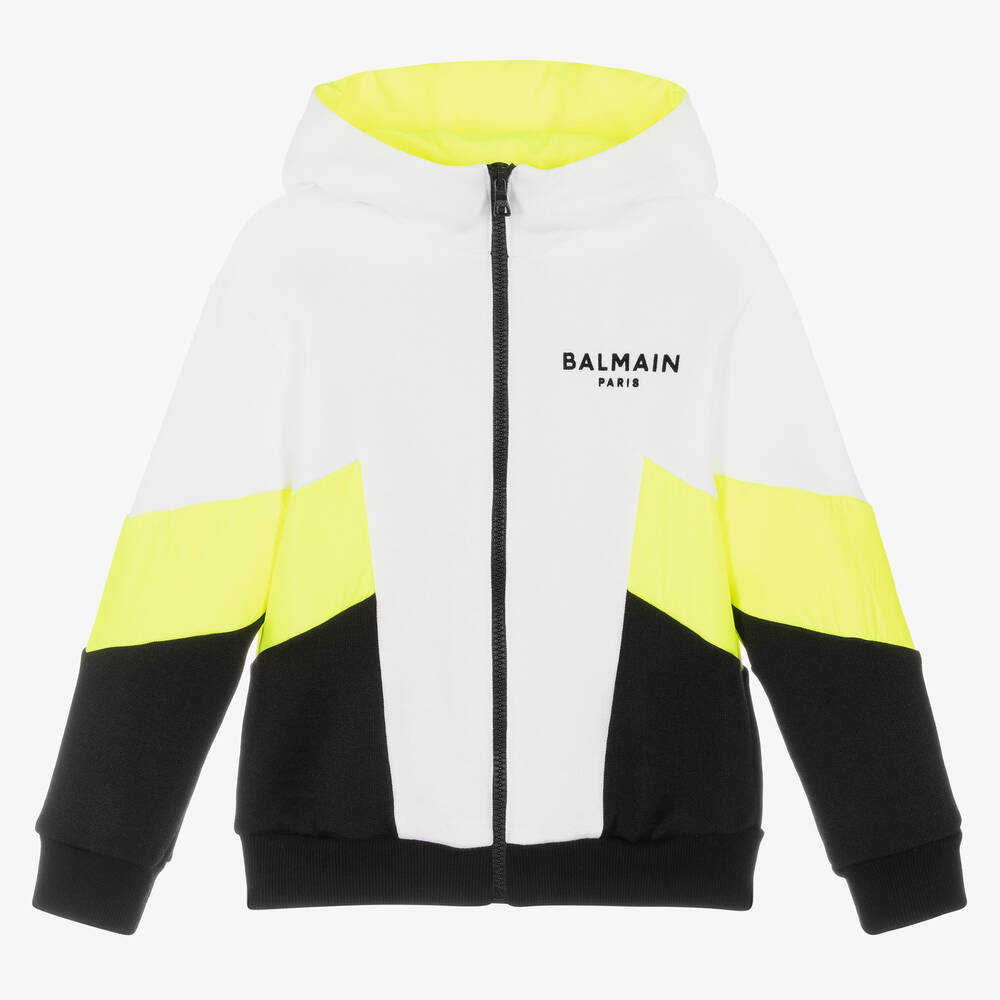 Balmain - توب هودي بسحّاب قطن جيرسي لون أبيض للأولاد | Childrensalon