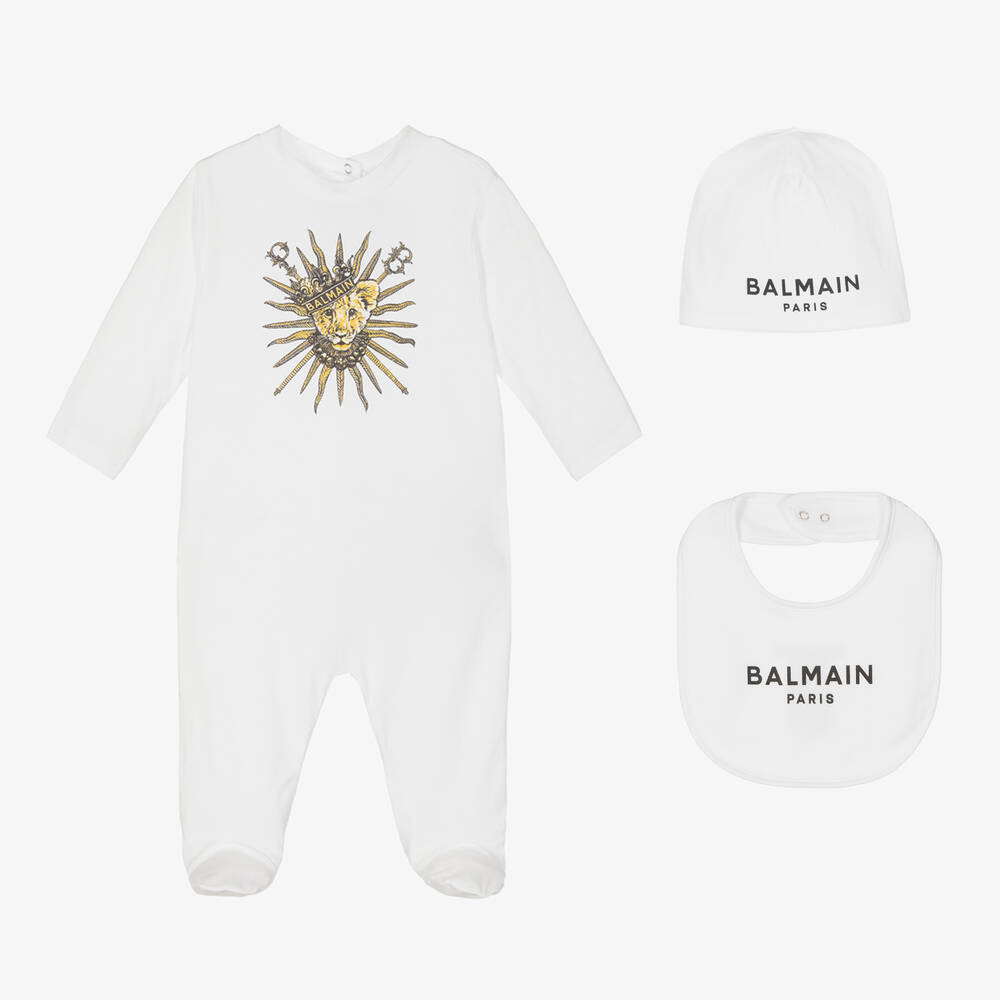 Balmain - Weißes Löwen-Baumwollstrampler-Set | Childrensalon