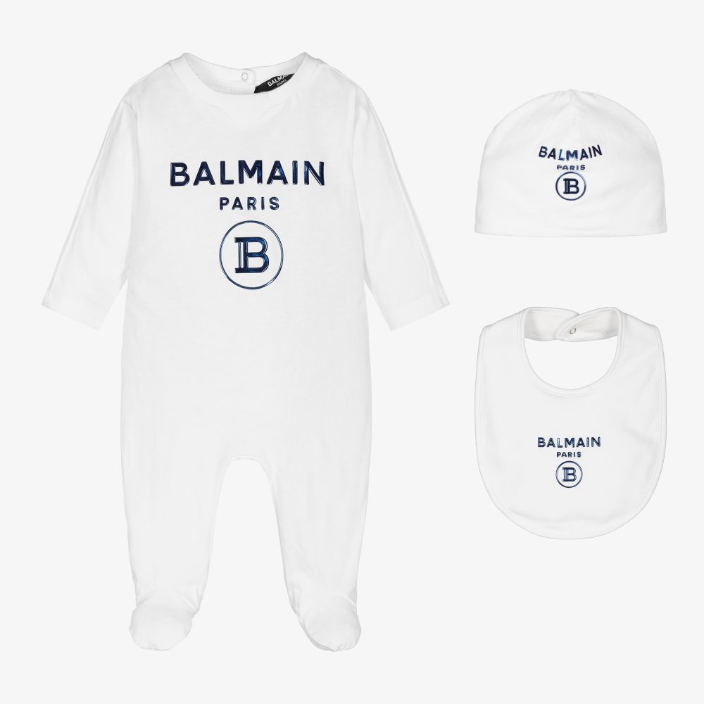 Balmain - White Cotton Logo Babygrow Set | Childrensalon