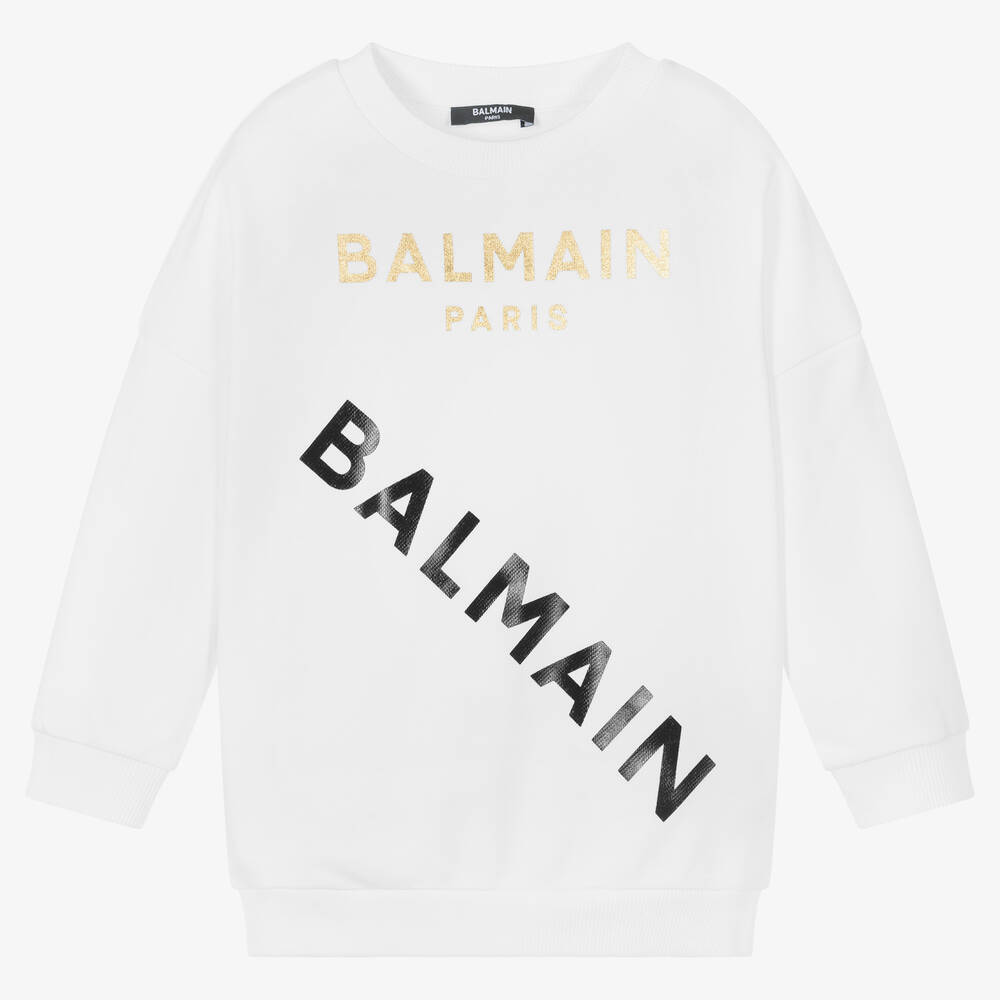 Balmain - سويتشيرت قطن لون أبيض | Childrensalon