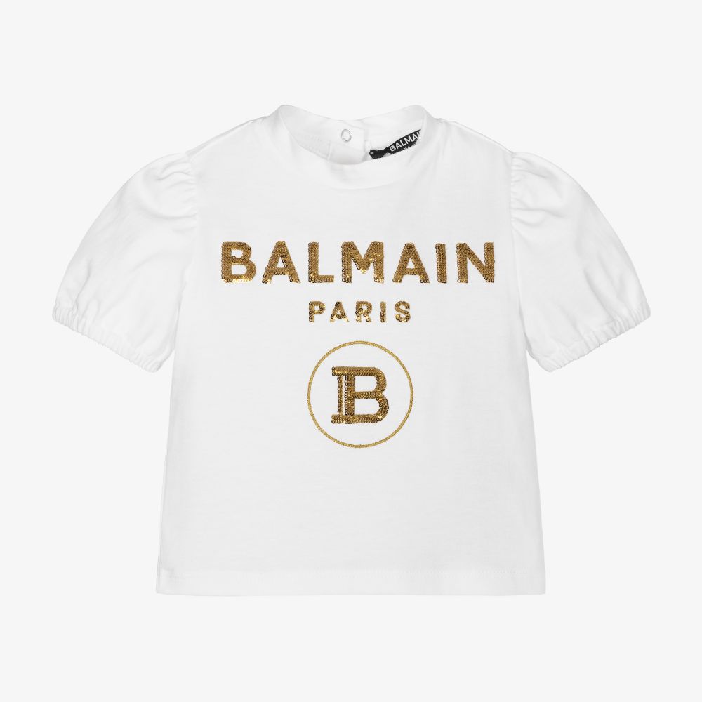 Balmain - Белая футболка с золотистым логотипом | Childrensalon