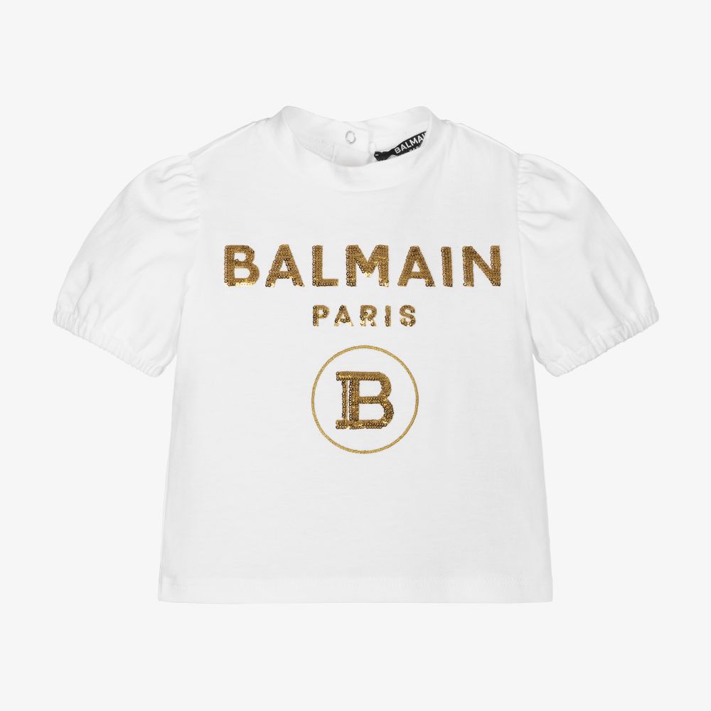 Balmain - تيشيرت أطفال بناتي قطن لون أبيض وذهبي | Childrensalon