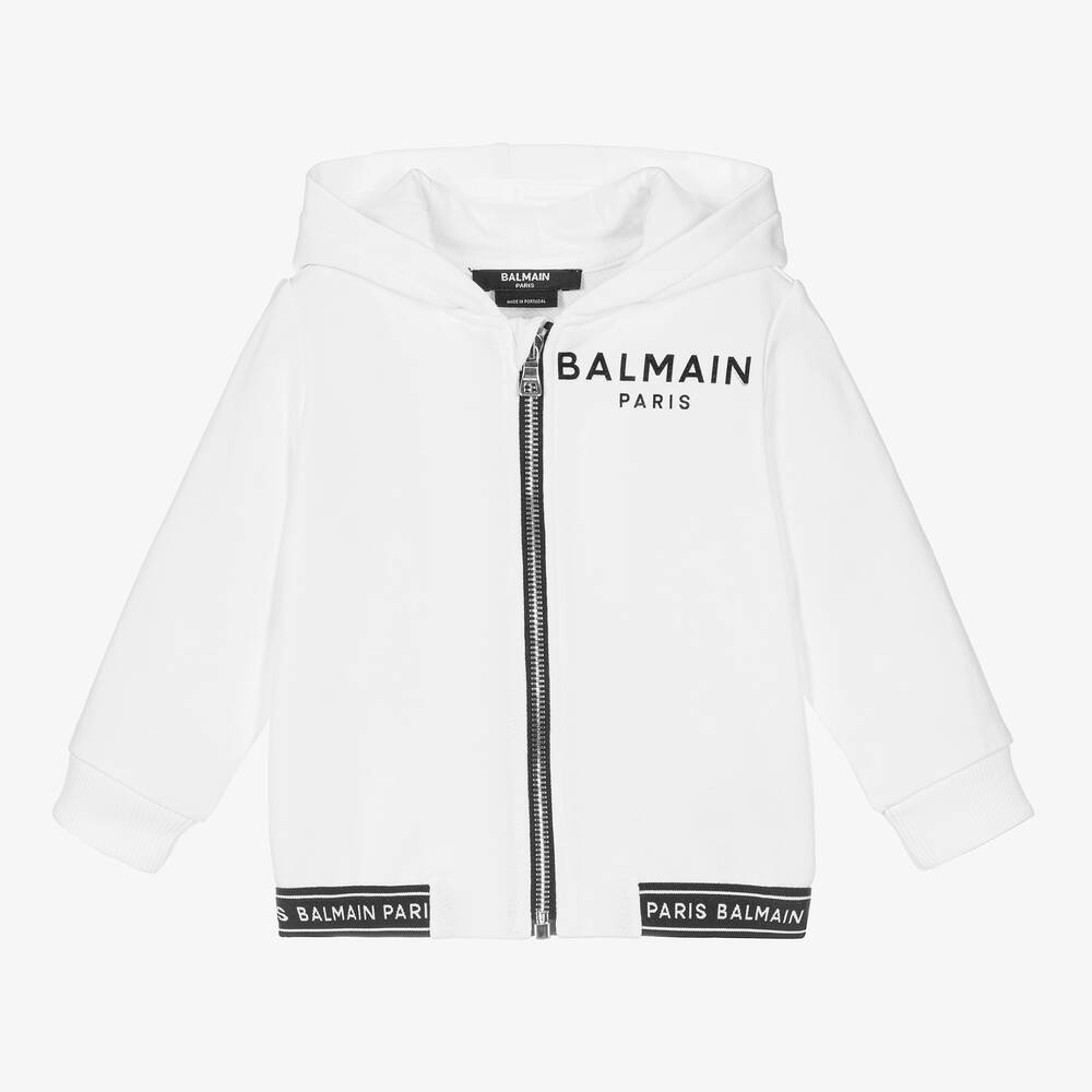 Balmain - White Hooded Logo Zip-Up Top | Childrensalon