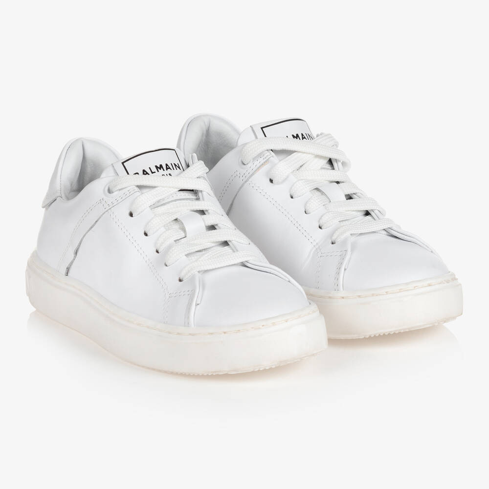 Balmain - White Leather Logo Trainers | Childrensalon