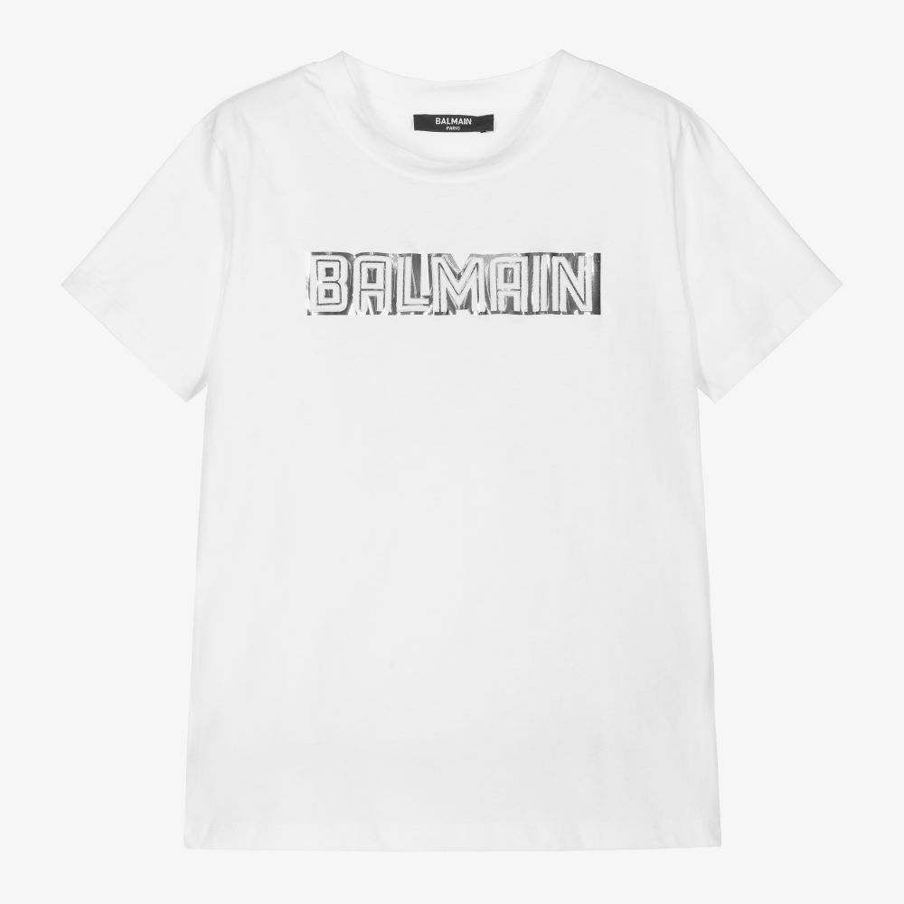 Balmain - White & Silver Logo T-Shirt | Childrensalon