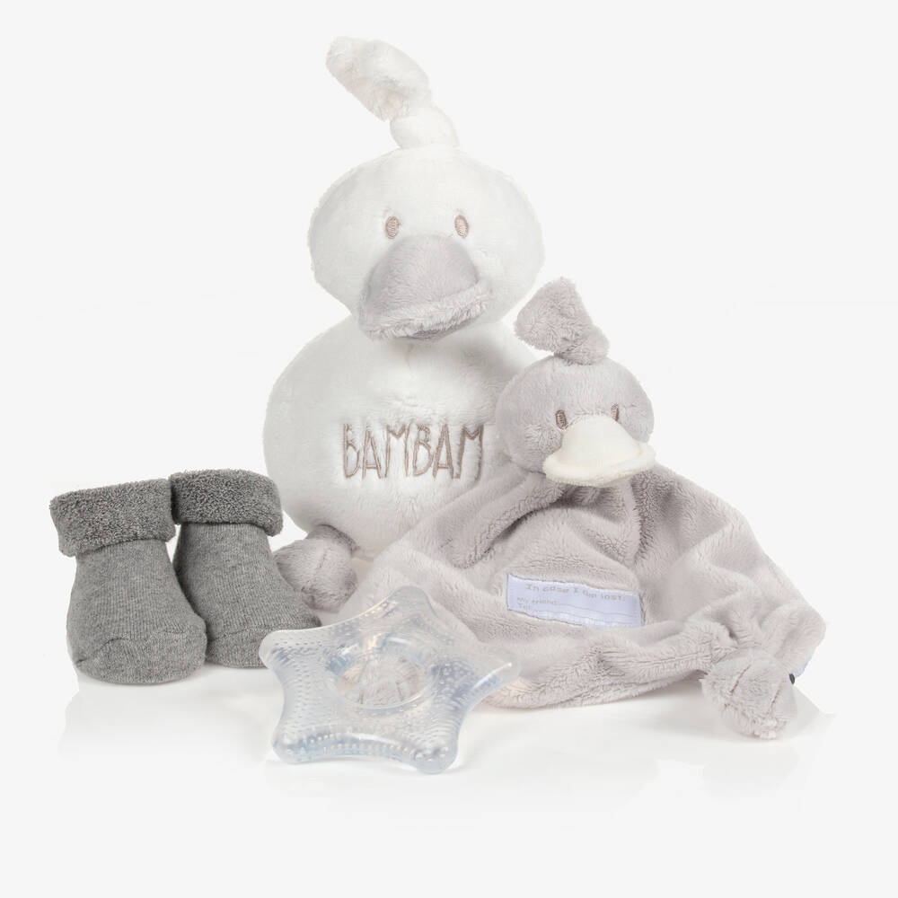 Bam Bam - Coffret cadeau chaussons en velours et peluche gris | Childrensalon