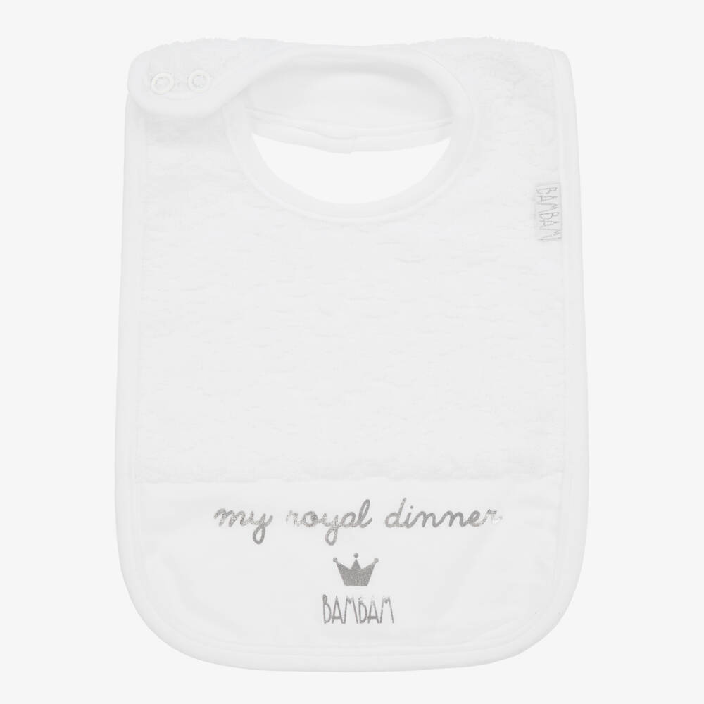 Bam Bam-White Cotton Baby Bib | Childrensalon Outlet