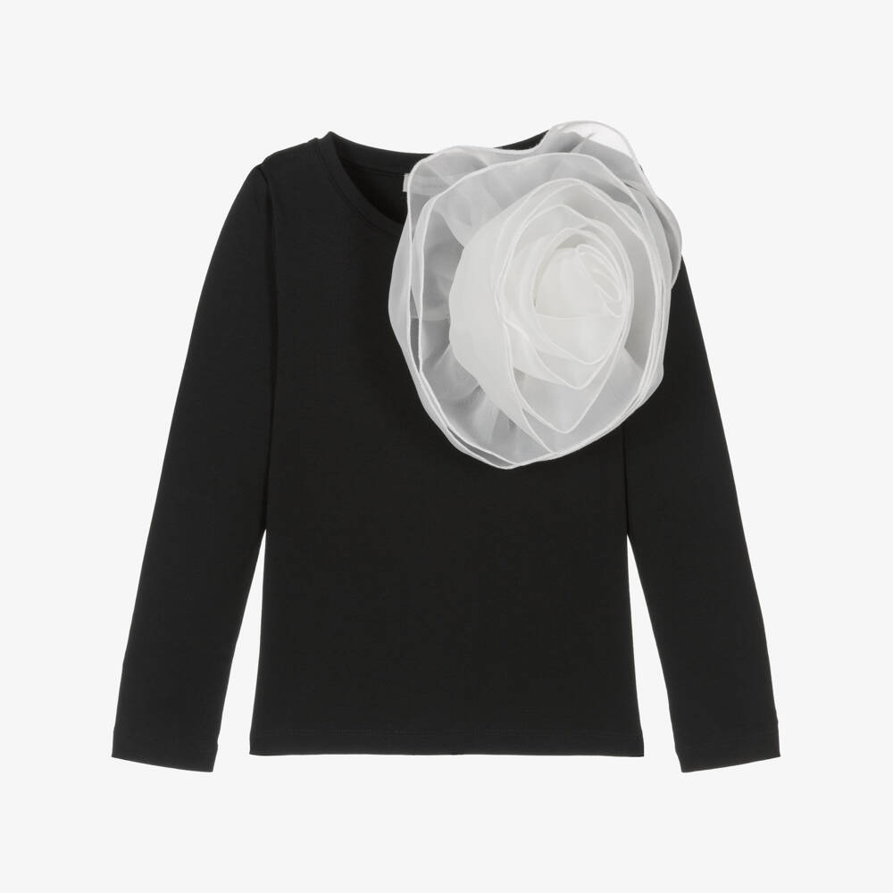 BCBGMAXAZRIA-Girls Black Cotton Top with Oversized Flower Detail | Childrensalon Outlet