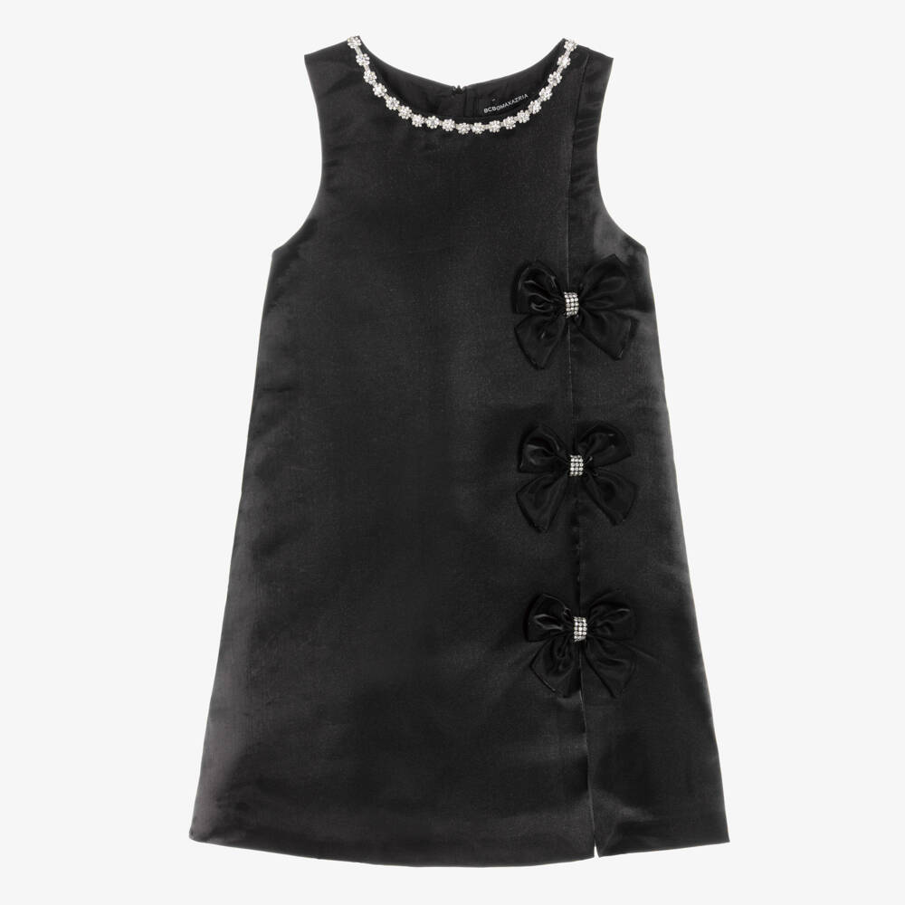 BCBGMAXAZRIA-Girls Black Satin Dress with Bows & Diamanté | Childrensalon Outlet