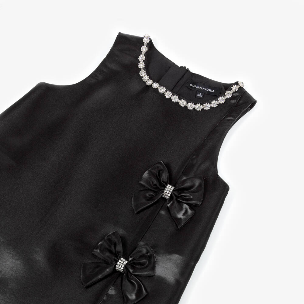 BCBGMAXAZRIA-Girls Black Satin Dress with Bows & Diamanté | Childrensalon Outlet