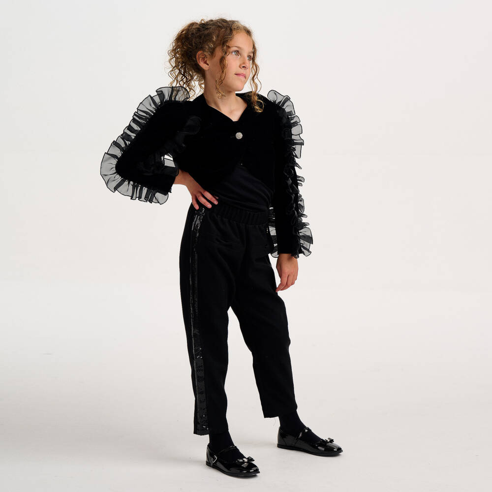 BCBGMAXAZRIA-Girls Black Velvet Jacket with Ruffle Trim & Diamanté Button | Childrensalon Outlet