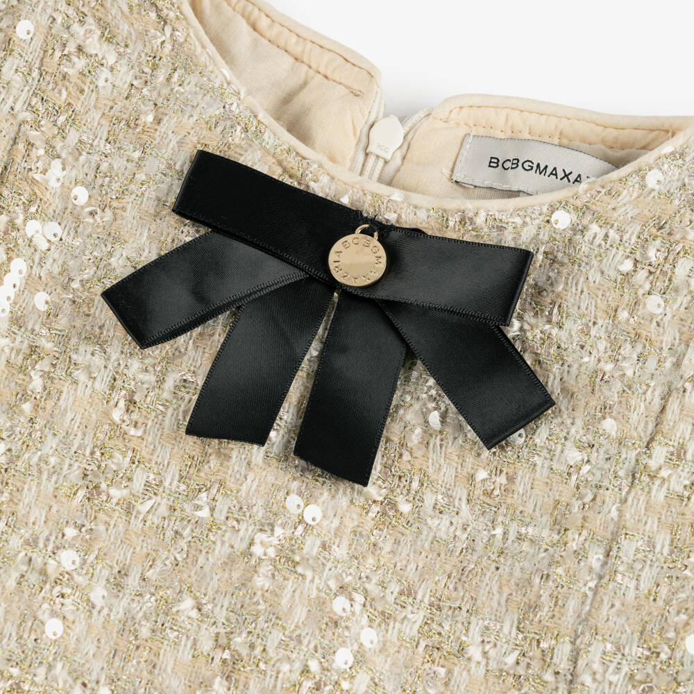 BCBGMAXAZRIA-Girls Gold Sequinned Tweed Dress with Black Satin Bow | Childrensalon Outlet