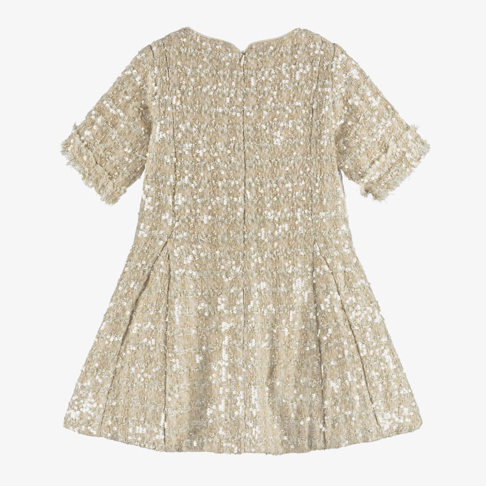 BCBGMAXAZRIA-Girls Gold Sequinned Tweed Dress with Black Satin Bow | Childrensalon Outlet