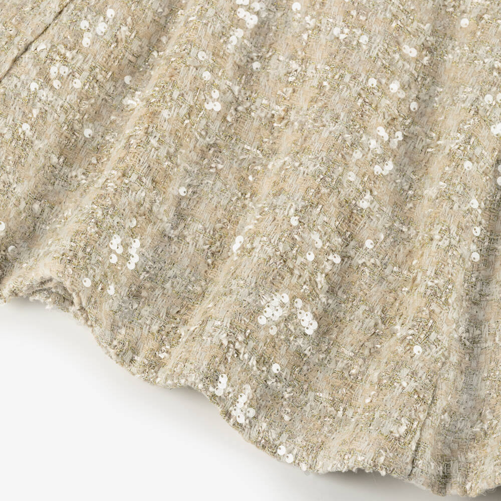 BCBGMAXAZRIA-Girls Gold Sequinned Tweed Dress with Black Satin Bow | Childrensalon Outlet