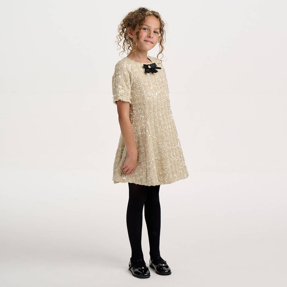 BCBGMAXAZRIA-Girls Gold Sequinned Tweed Dress with Black Satin Bow | Childrensalon Outlet