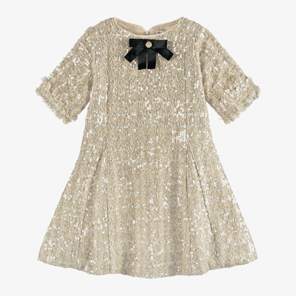 BCBGMAXAZRIA-Girls Gold Sequinned Tweed Dress with Black Satin Bow | Childrensalon Outlet