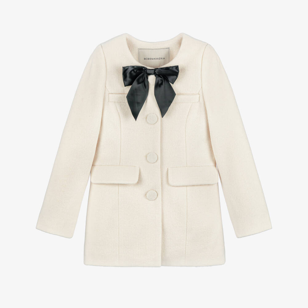 BCBGMAXAZRIA-Girls Ivory Felted Coat with Black Satin Bow | Childrensalon Outlet