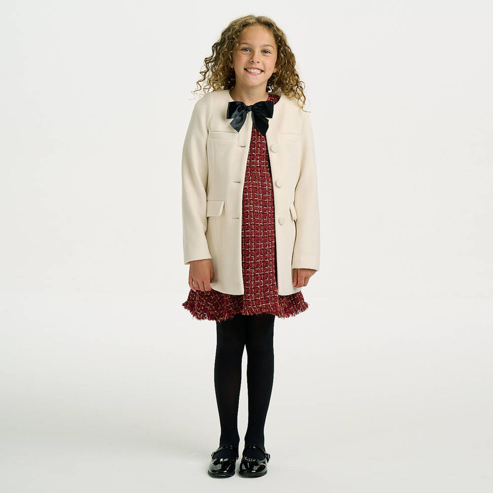 BCBGMAXAZRIA-Girls Ivory Felted Coat with Black Satin Bow | Childrensalon Outlet