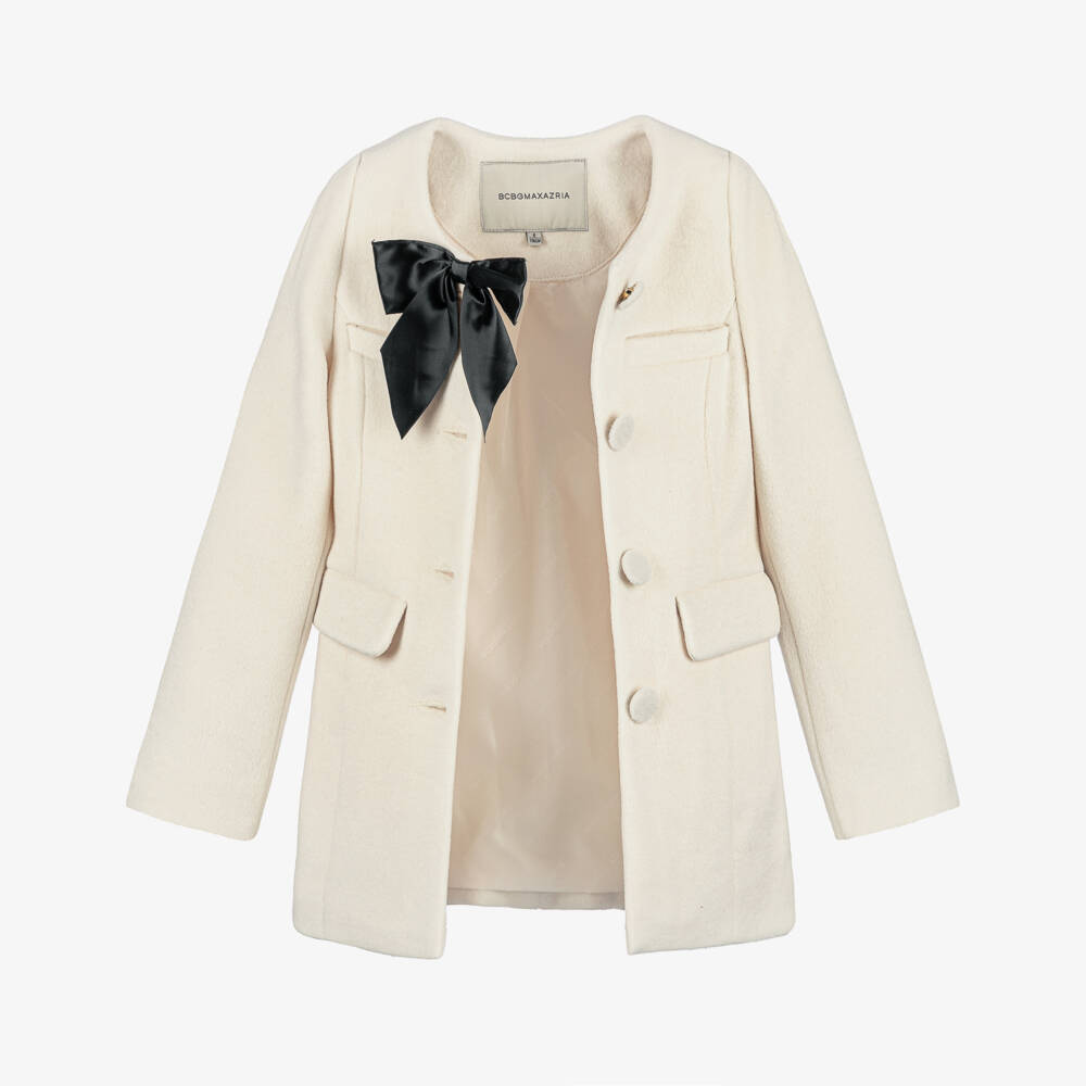 BCBGMAXAZRIA-Girls Ivory Felted Coat with Black Satin Bow | Childrensalon Outlet