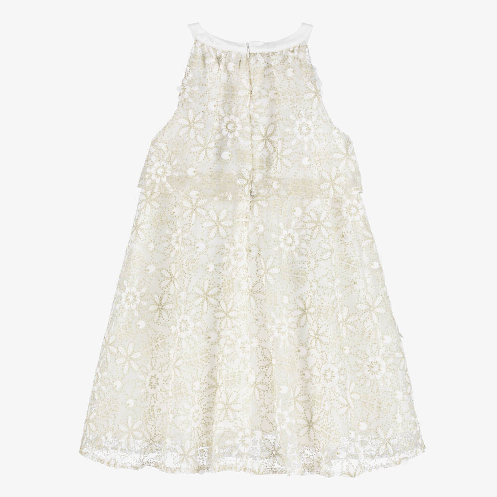 BCBGMAXAZRIA-Girls Ivory & Gold Embroidered Floral Layered Dress | Childrensalon Outlet