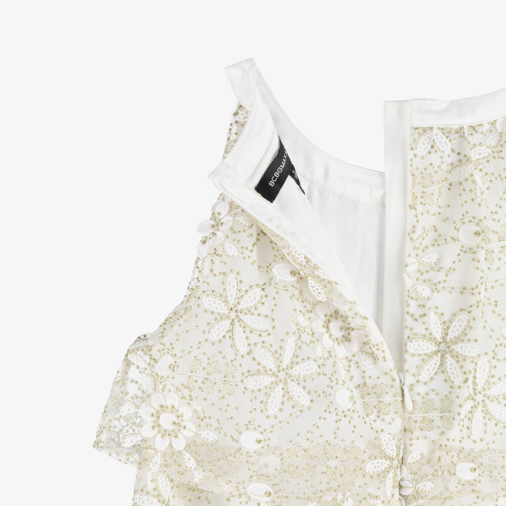 BCBGMAXAZRIA-Girls Ivory & Gold Embroidered Floral Layered Dress | Childrensalon Outlet