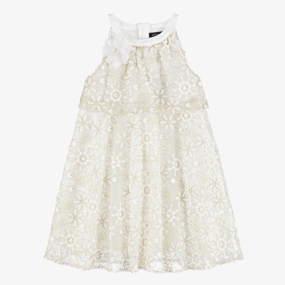 BCBGMAXAZRIA-Girls Ivory & Gold Embroidered Floral Layered Dress | Childrensalon Outlet
