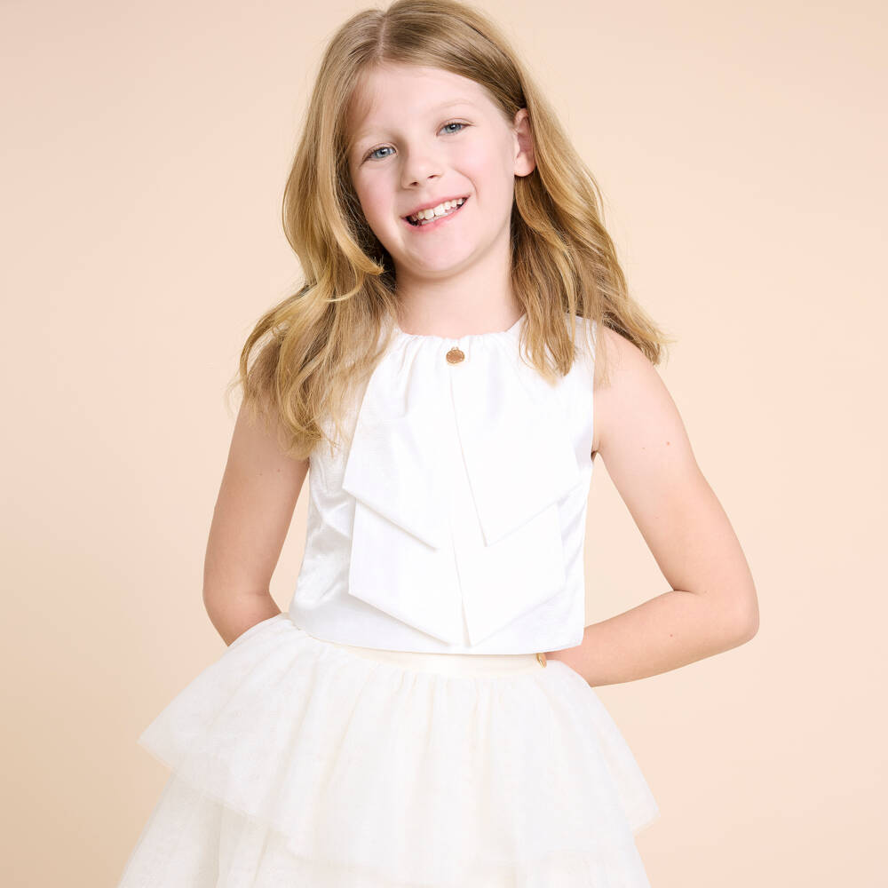 BCBGMAXAZRIA-Girls Ivory Satin Ribbon Blouse | Childrensalon Outlet