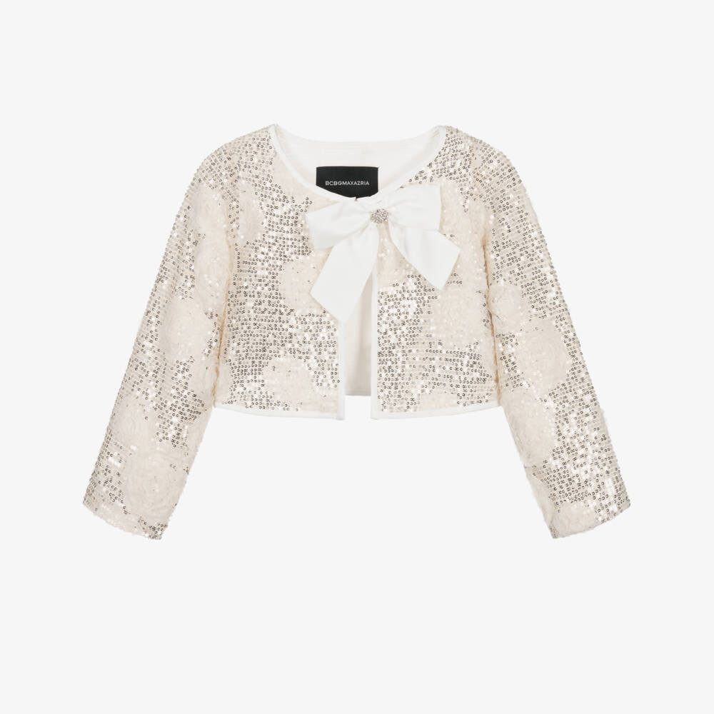 BCBGMAXAZRIA-Girls Ivory Tulle & Silver Sequin Jacket | Childrensalon Outlet