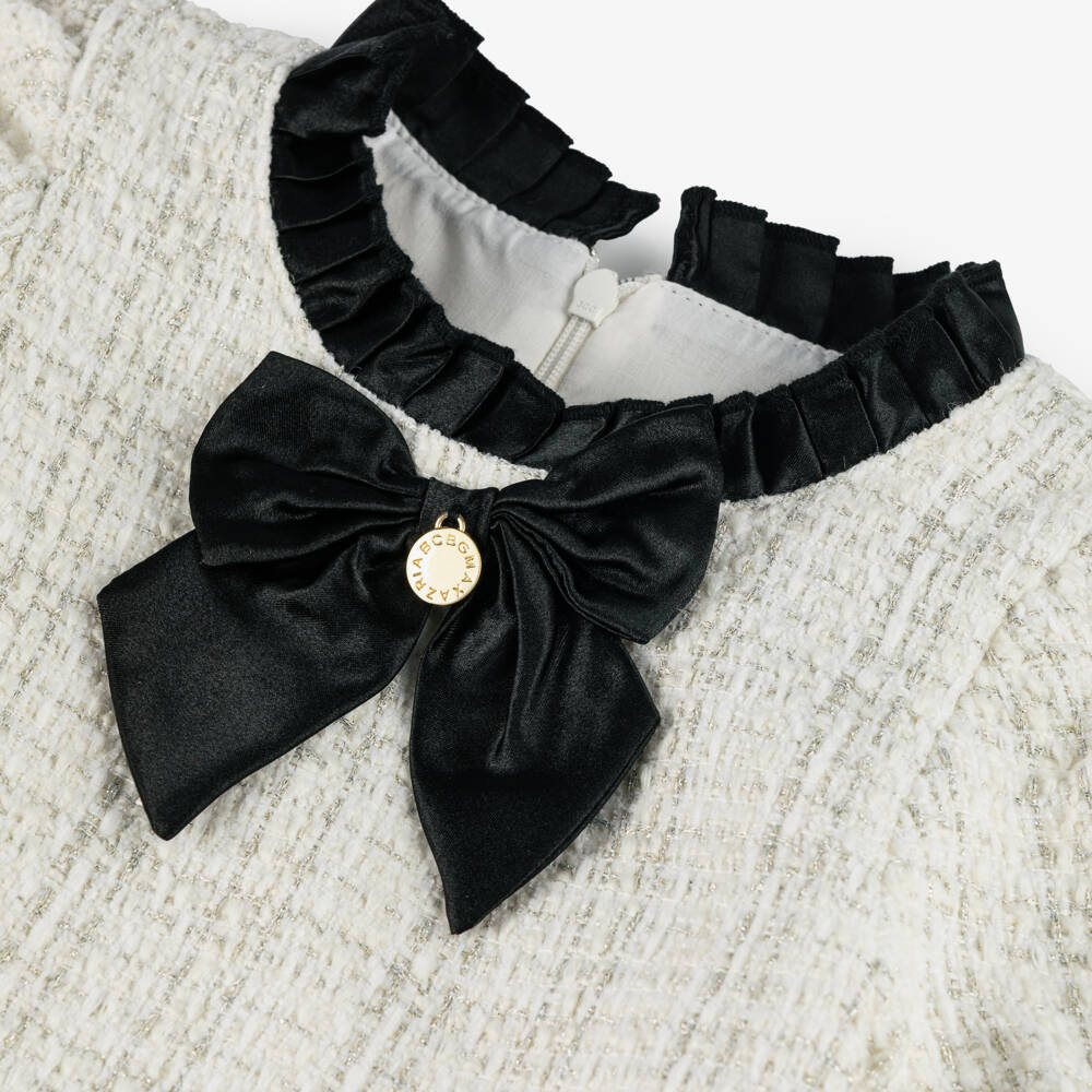 BCBGMAXAZRIA-Girls Ivory Tweed Dress with Black Satin Bow | Childrensalon Outlet