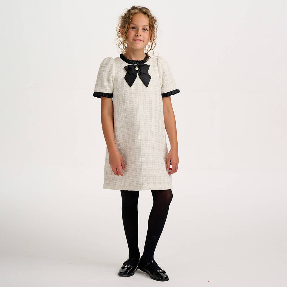 BCBGMAXAZRIA-Girls Ivory Tweed Dress with Black Satin Bow | Childrensalon Outlet