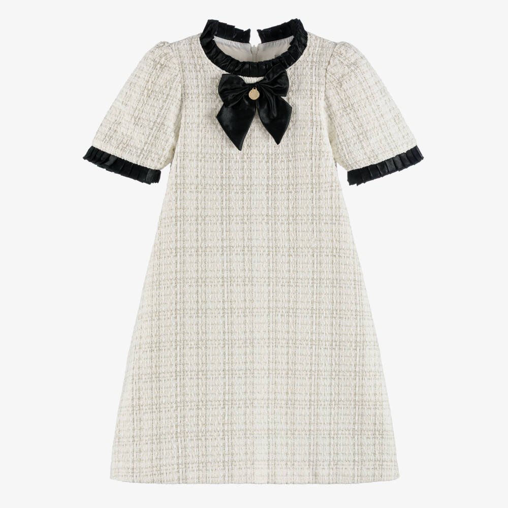 BCBGMAXAZRIA-Girls Ivory Tweed Dress with Black Satin Bow | Childrensalon Outlet