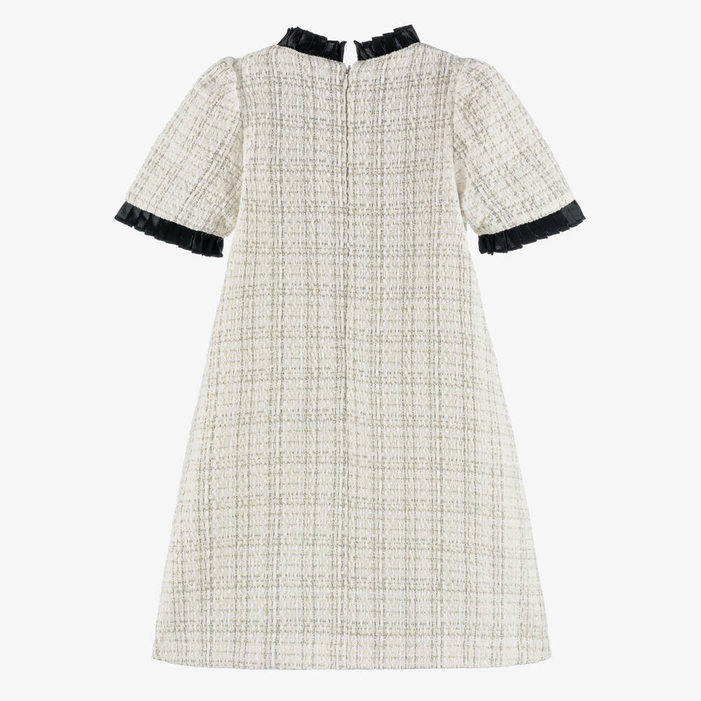 BCBGMAXAZRIA-Girls Ivory Tweed Dress with Black Satin Bow | Childrensalon Outlet