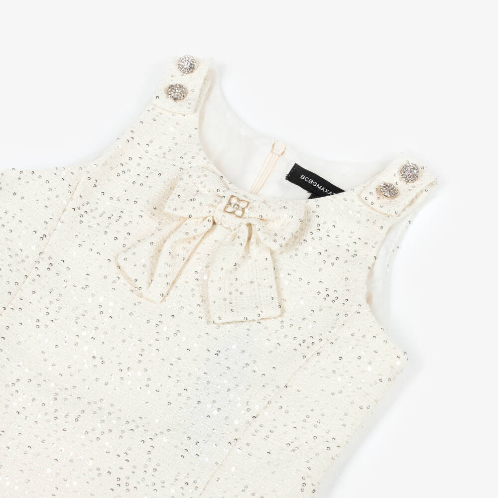 BCBGMAXAZRIA-Girls Ivory Tweed Dress with Sequins & Diamanté Buttons | Childrensalon Outlet