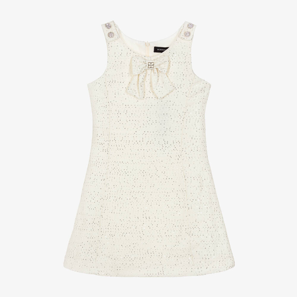 BCBGMAXAZRIA-Girls Ivory Tweed Dress with Sequins & Diamanté Buttons | Childrensalon Outlet