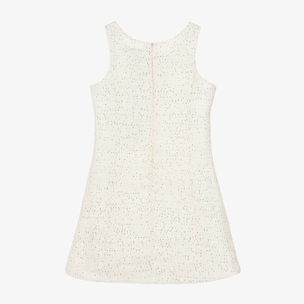 BCBGMAXAZRIA-Girls Ivory Tweed Dress with Sequins & Diamanté Buttons | Childrensalon Outlet