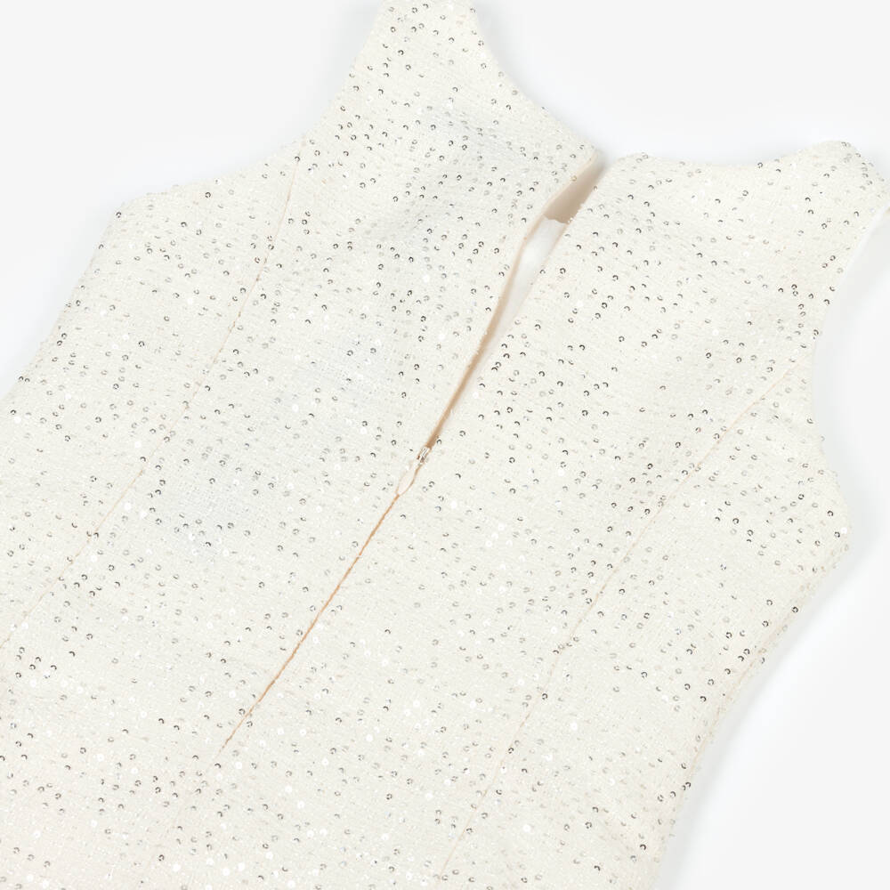 BCBGMAXAZRIA-Girls Ivory Tweed Dress with Sequins & Diamanté Buttons | Childrensalon Outlet
