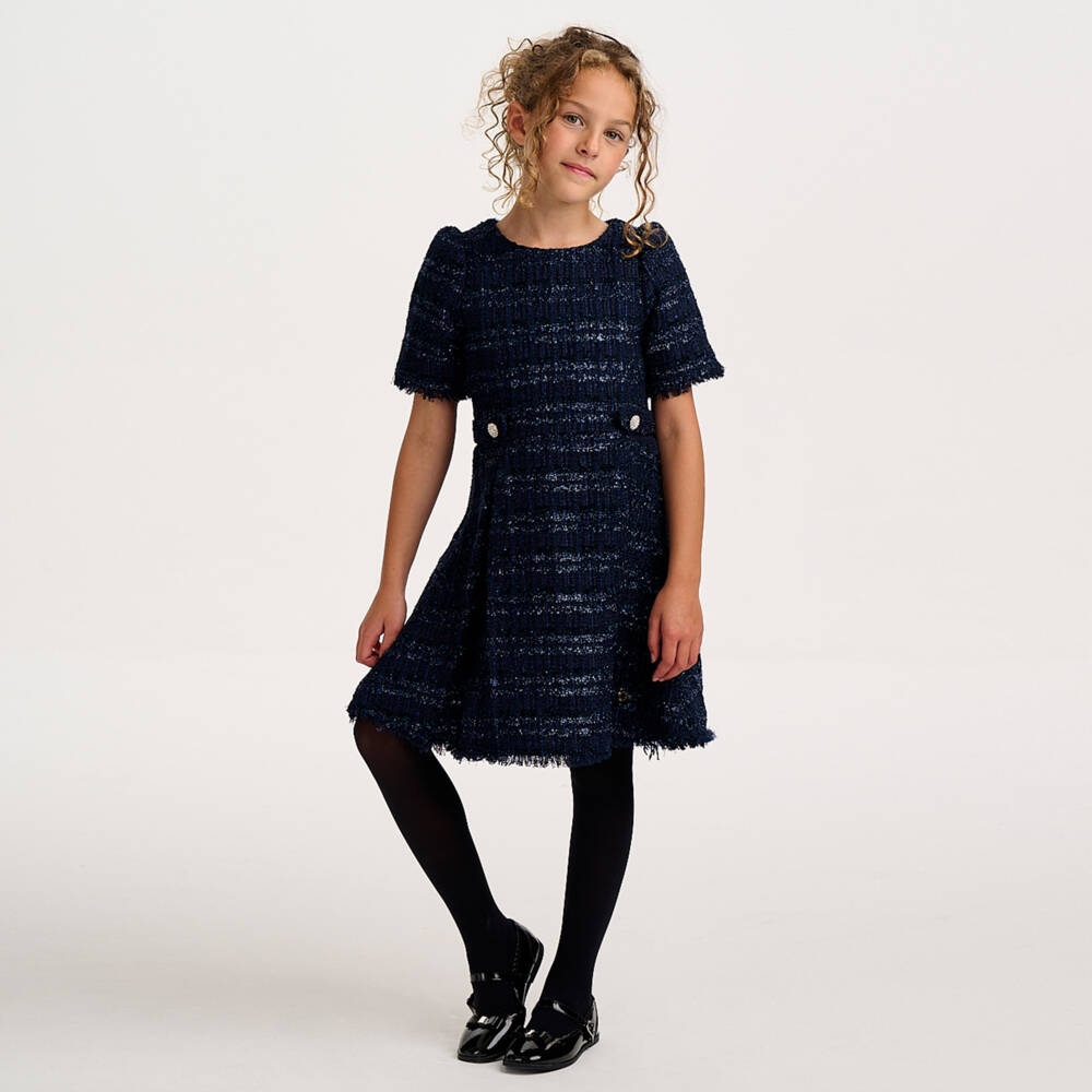 BCBGMAXAZRIA-Girls Navy Blue Tweed Dress with Diamanté Buttons | Childrensalon Outlet