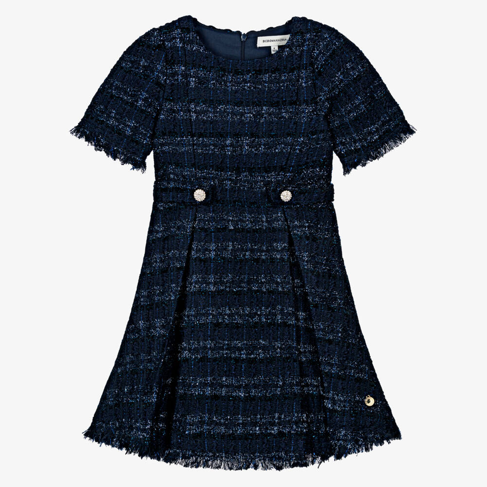 BCBGMAXAZRIA-Girls Navy Blue Tweed Dress with Diamanté Buttons | Childrensalon Outlet