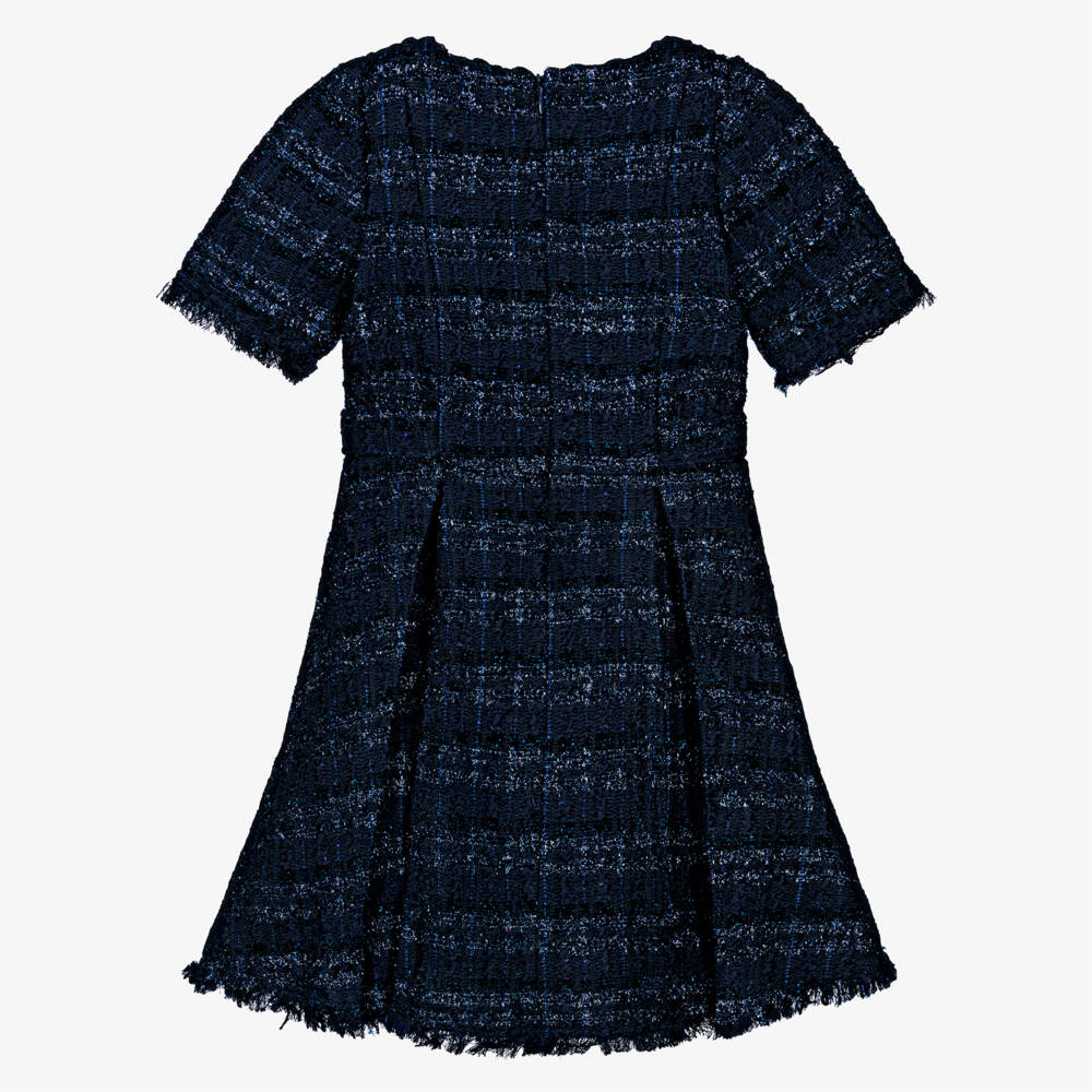 BCBGMAXAZRIA-Girls Navy Blue Tweed Dress with Diamanté Buttons | Childrensalon Outlet