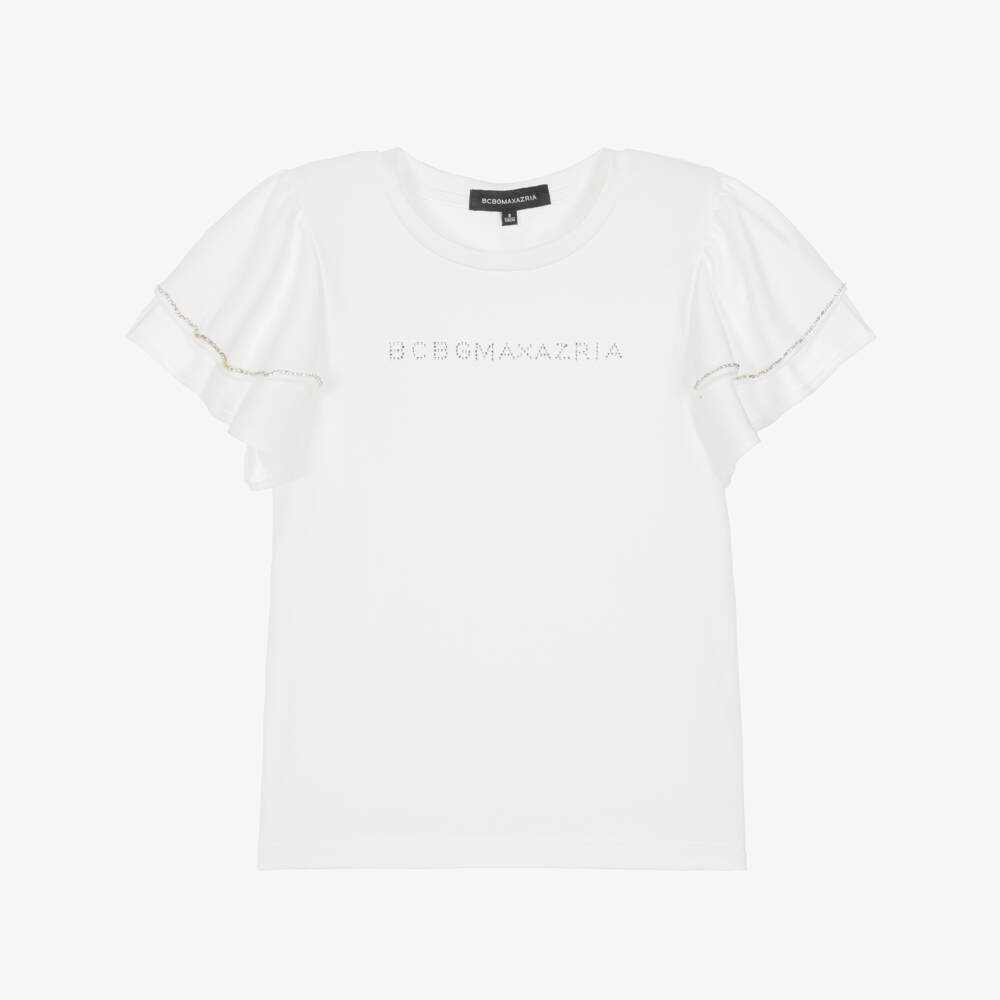 BCBGMAXAZRIA-Girls Off-White Flutter Sleeve T-Shirt with Diamanté Trim | Childrensalon Outlet