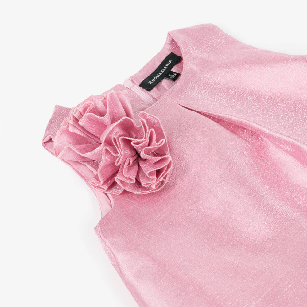 BCBGMAXAZRIA-Girls Pink Lurex Satin Flower Detail Dress | Childrensalon Outlet