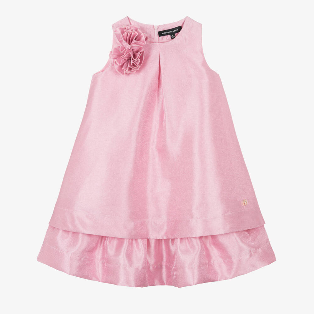 BCBGMAXAZRIA-Girls Pink Lurex Satin Flower Detail Dress | Childrensalon Outlet