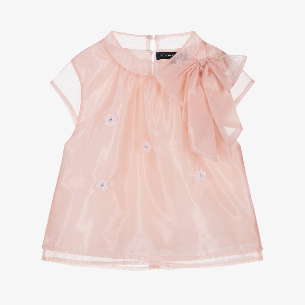 BCBGMAXAZRIA-Girls Pink Organza Blouse with Sequin Flowers & Bow | Childrensalon Outlet