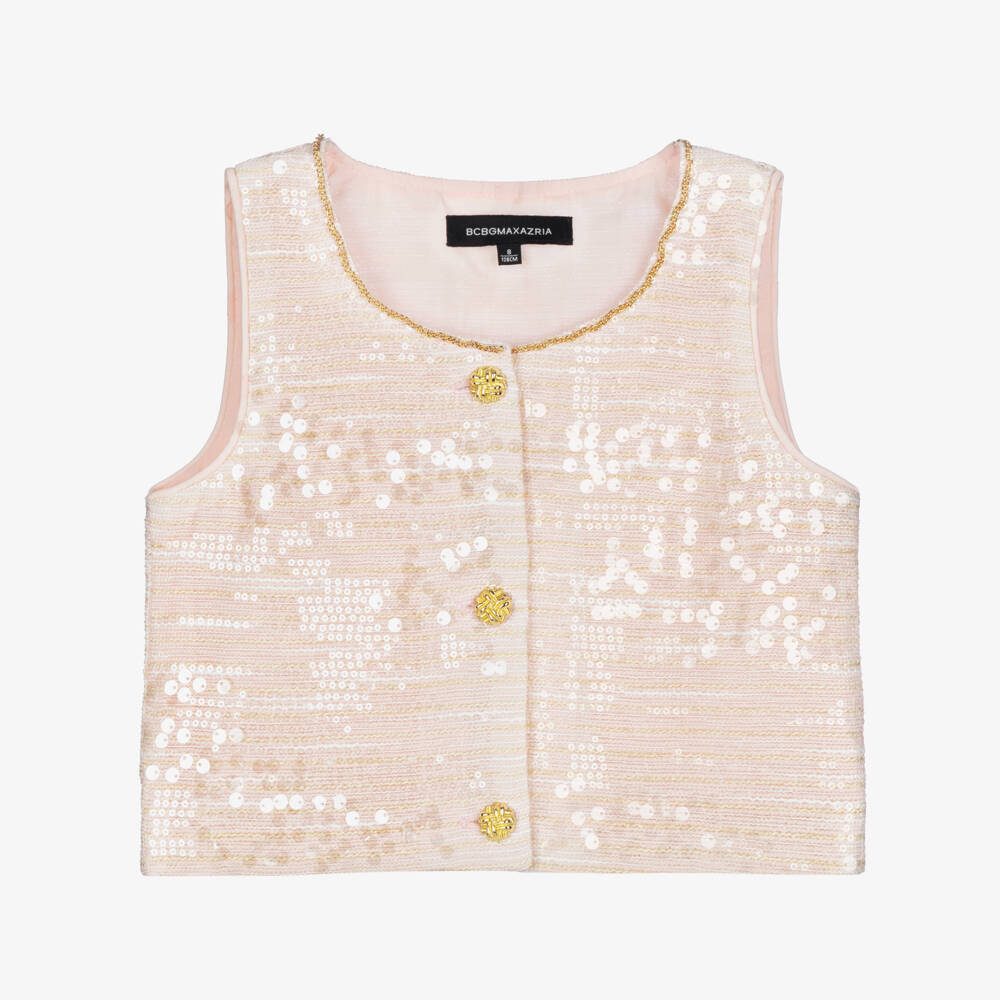 BCBGMAXAZRIA-Girls Pink Sequinned Sleeveless Tweed Top | Childrensalon Outlet